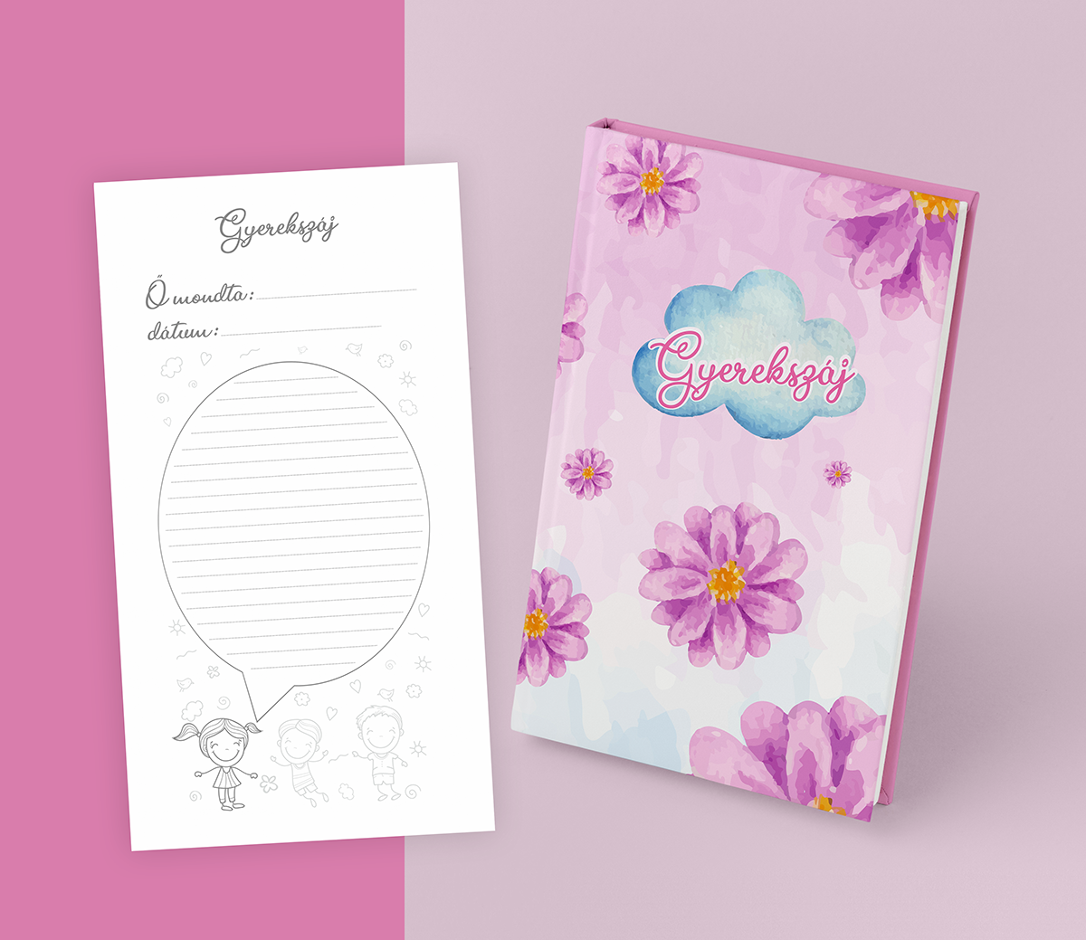 Gyerekszáj - Pink Flowers - egyedi, kézi kötészeti eljárással készült, írható könyv. Gyermekeid legjobb elszólásainak összegyűjtéséhez.